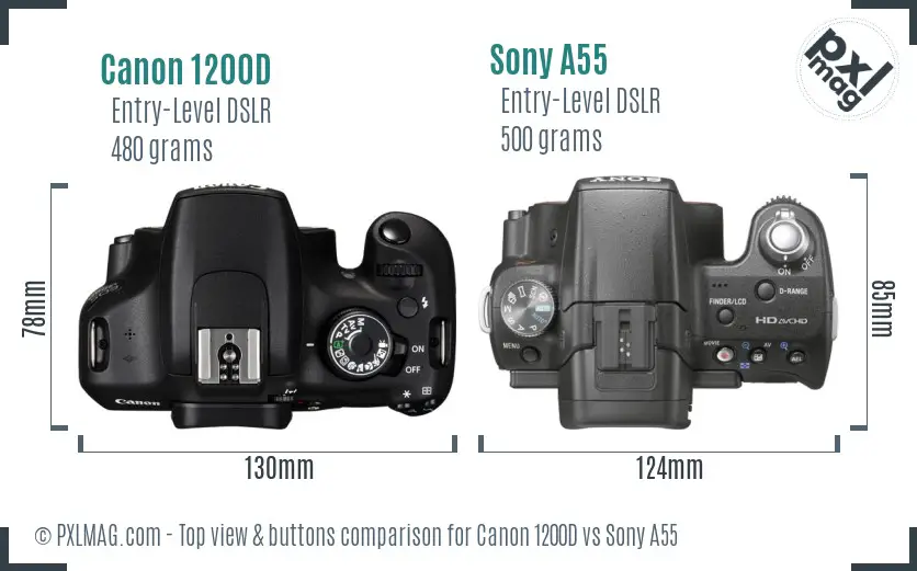 Canon 1200D vs Sony A55 top view buttons comparison