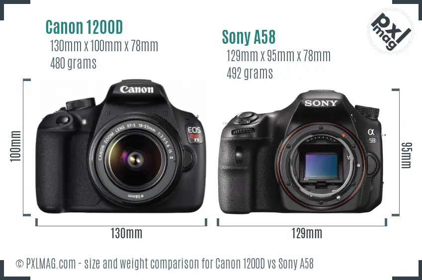 Canon 1200D vs Sony A58 size comparison