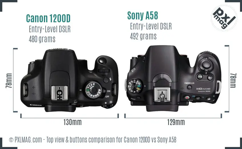 Canon 1200D vs Sony A58 top view buttons comparison