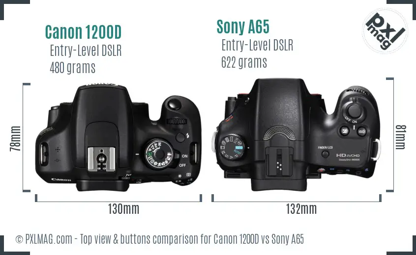 Canon 1200D vs Sony A65 top view buttons comparison