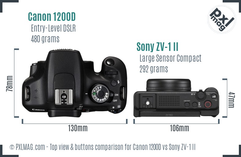 Canon 1200D vs Sony ZV-1 II top view buttons comparison