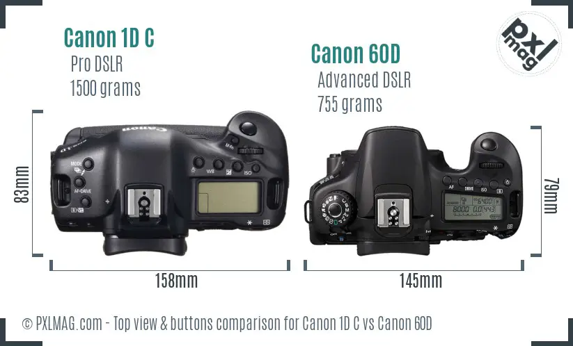 Canon 1D C vs Canon 60D top view buttons comparison