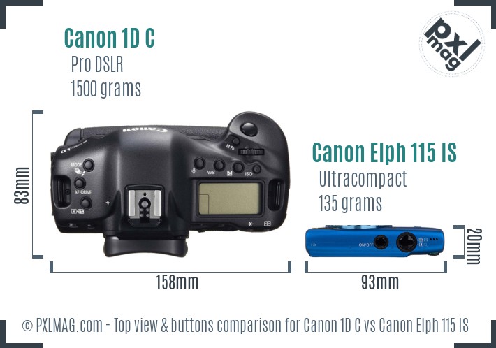 Canon 1D C vs Canon Elph 115 IS top view buttons comparison