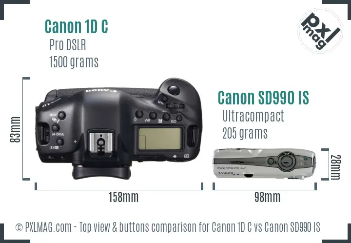 Canon 1D C vs Canon SD990 IS top view buttons comparison Canon 1D C vs Canon SD990 IS top view buttons comparison