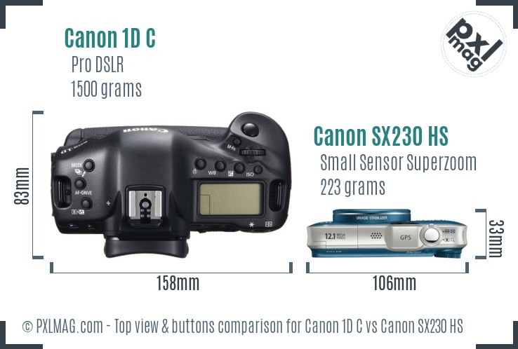 Canon 1D C vs Canon SX230 HS top view buttons comparison