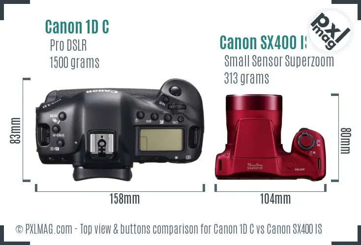 Canon 1D C vs Canon SX400 IS top view buttons comparison