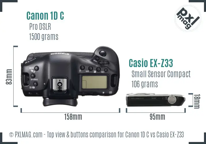 Canon 1D C vs Casio EX-Z33 top view buttons comparison