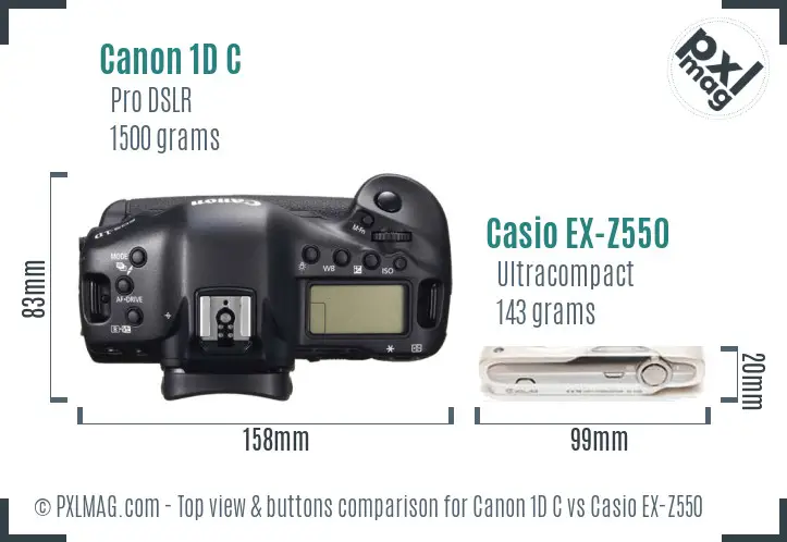 Canon 1D C vs Casio EX-Z550 top view buttons comparison