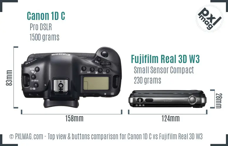 Canon 1D C vs Fujifilm Real 3D W3 top view buttons comparison Canon 1D C vs Fujifilm Real 3D W3 top view buttons comparison