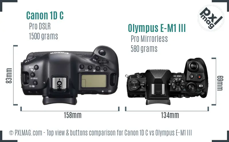 Canon 1D C vs Olympus E-M1 III top view buttons comparison