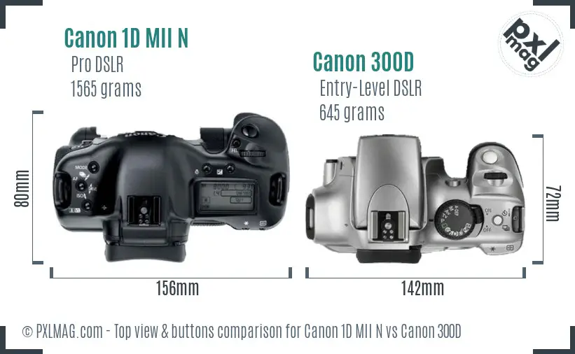 Canon 1D MII N vs Canon 300D top view buttons comparison