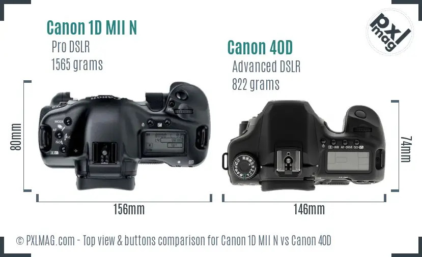 Canon 1D MII N vs Canon 40D top view buttons comparison Canon 1D MII N vs Canon 40D top view buttons comparison