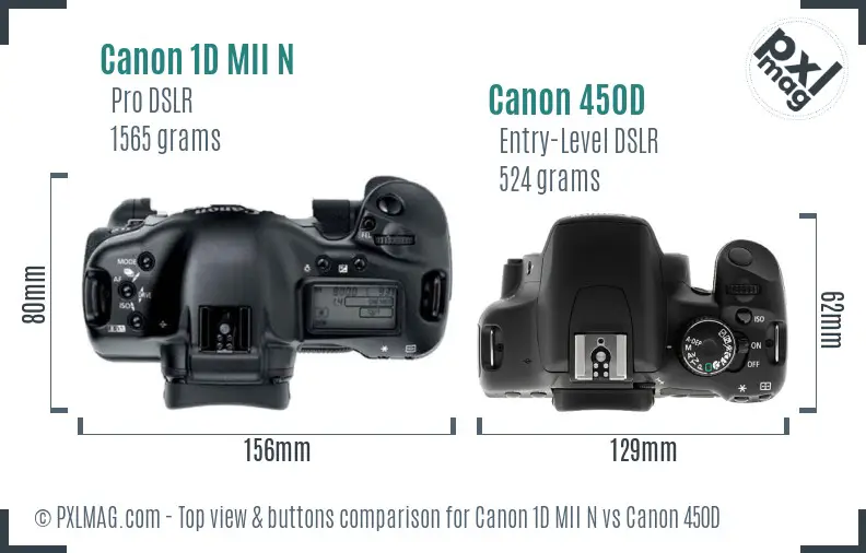 Canon 1D MII N vs Canon 450D top view buttons comparison