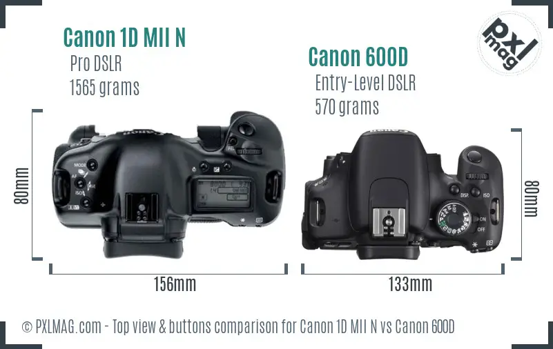Canon 1D MII N vs Canon 600D top view buttons comparison