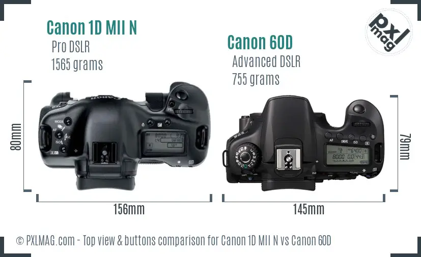 Canon 1D MII N vs Canon 60D top view buttons comparison