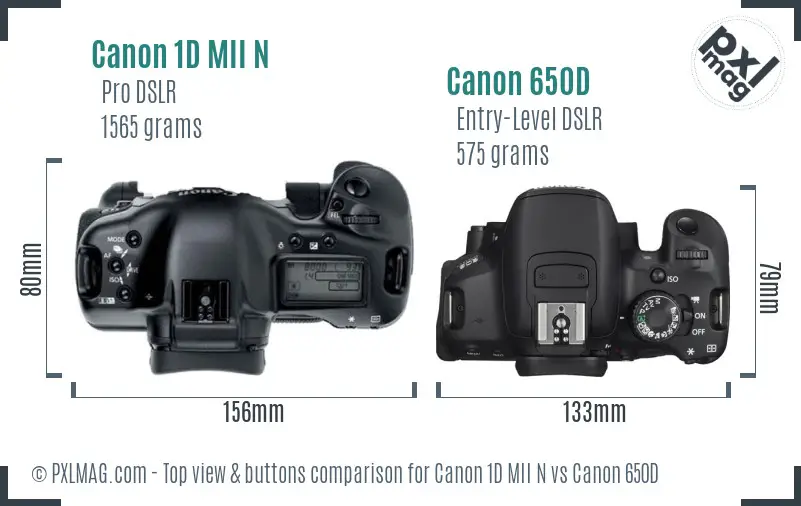 Canon 1D MII N vs Canon 650D top view buttons comparison