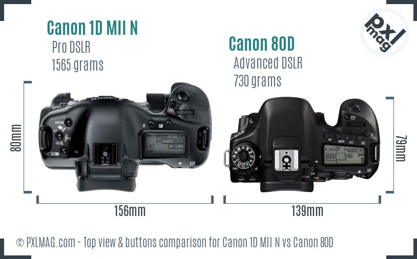 Canon 1D MII N vs Canon 80D top view buttons comparison
