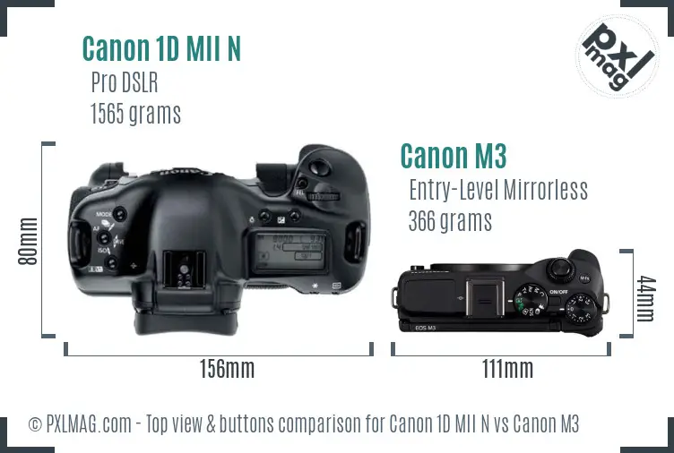 Canon 1D MII N vs Canon M3 top view buttons comparison Canon 1D MII N vs Canon M3 top view buttons comparison