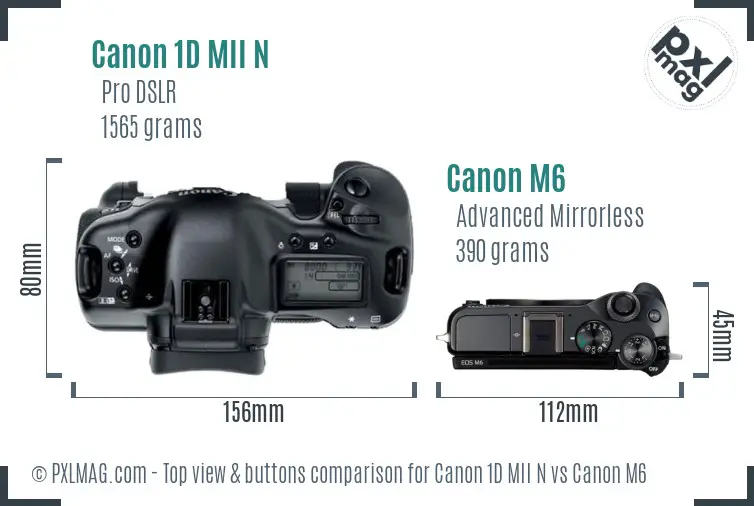 Canon 1D MII N vs Canon M6 top view buttons comparison
