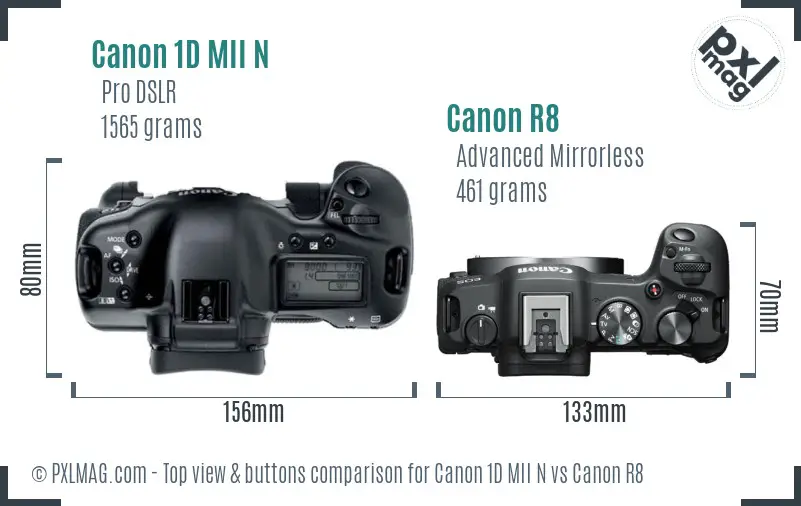 Canon 1D MII N vs Canon R8 top view buttons comparison Canon 1D MII N vs Canon R8 top view buttons comparison
