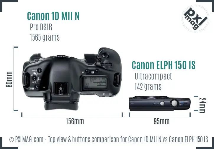 Canon 1D MII N vs Canon ELPH 150 IS top view buttons comparison