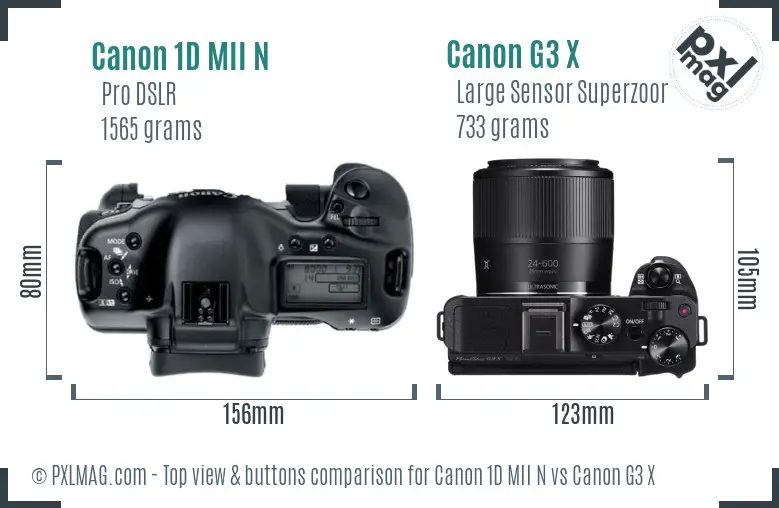 Canon 1D MII N vs Canon G3 X top view buttons comparison Canon 1D MII N vs Canon G3 X top view buttons comparison