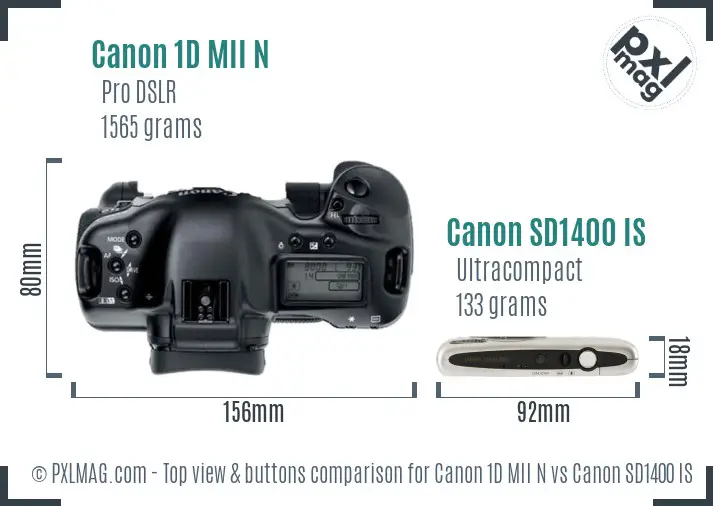 Canon 1D MII N vs Canon SD1400 IS top view buttons comparison Canon 1D MII N vs Canon SD1400 IS top view buttons comparison