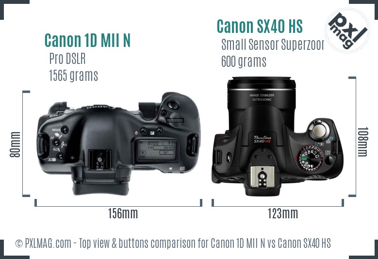 Canon 1D MII N vs Canon SX40 HS top view buttons comparison