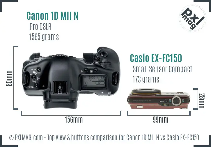 Canon 1D MII N vs Casio EX-FC150 top view buttons comparison Canon 1D MII N vs Casio EX-FC150 top view buttons comparison