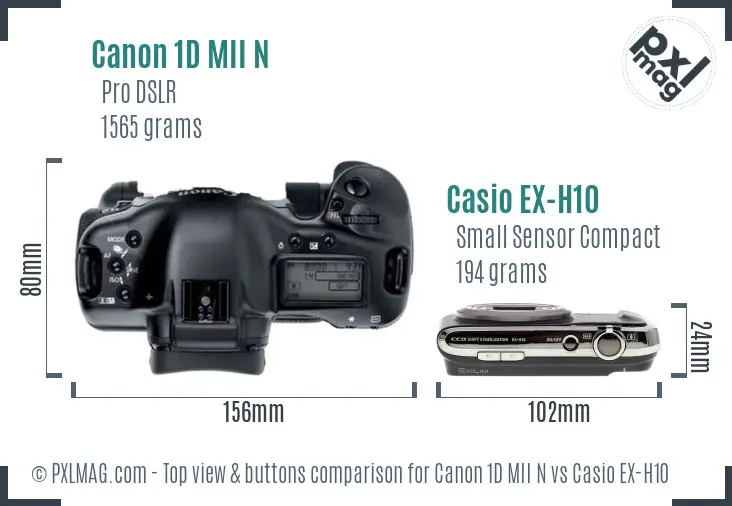 Canon 1D MII N vs Casio EX-H10 top view buttons comparison Canon 1D MII N vs Casio EX-H10 top view buttons comparison