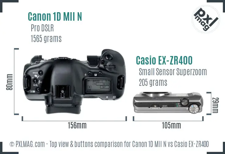 Canon 1D MII N vs Casio EX-ZR400 top view buttons comparison Canon 1D MII N vs Casio EX-ZR400 top view buttons comparison