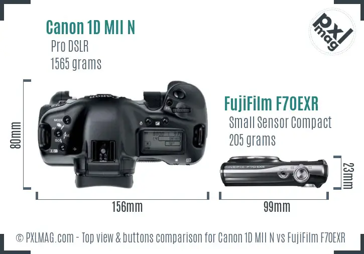 Canon 1D MII N vs FujiFilm F70EXR top view buttons comparison Canon 1D MII N vs FujiFilm F70EXR top view buttons comparison