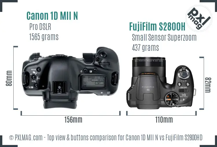 Canon 1D MII N vs FujiFilm S2800HD top view buttons comparison Canon 1D MII N vs FujiFilm S2800HD top view buttons comparison