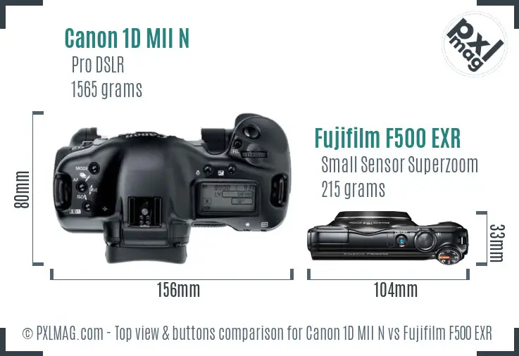 Canon 1D MII N vs Fujifilm F500 EXR top view buttons comparison Canon 1D MII N vs Fujifilm F500 EXR top view buttons comparison