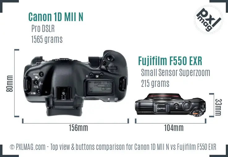 Canon 1D MII N vs Fujifilm F550 EXR top view buttons comparison Canon 1D MII N vs Fujifilm F550 EXR top view buttons comparison