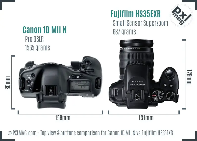 Canon 1D MII N vs Fujifilm HS35EXR top view buttons comparison