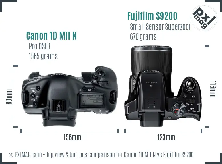 Canon 1D MII N vs Fujifilm S9200 top view buttons comparison