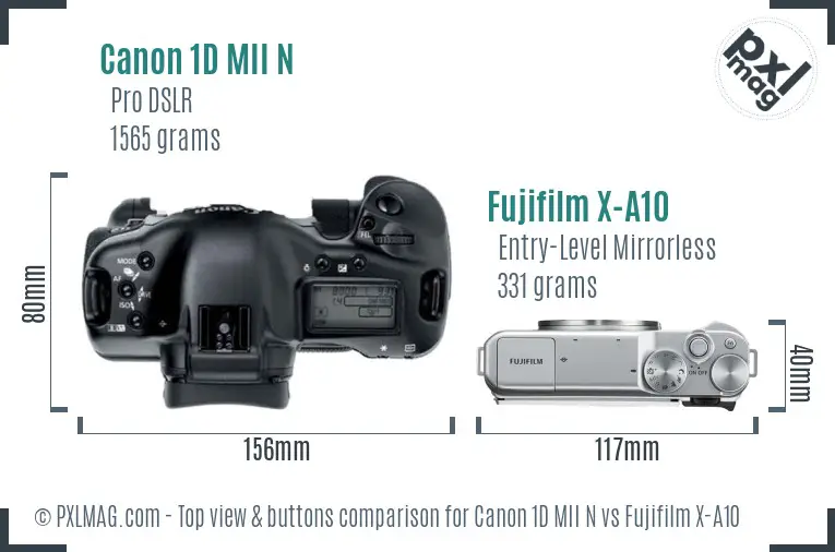Canon 1D MII N vs Fujifilm X-A10 top view buttons comparison Canon 1D MII N vs Fujifilm X-A10 top view buttons comparison