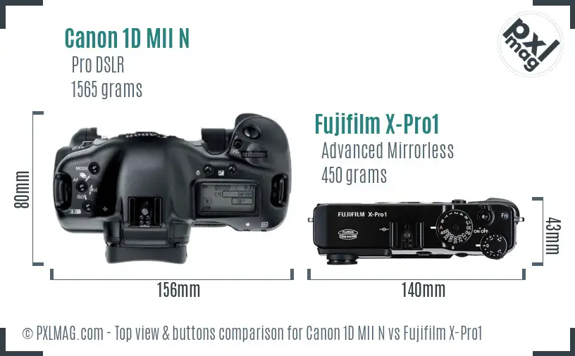 Canon 1D MII N vs Fujifilm X-Pro1 top view buttons comparison