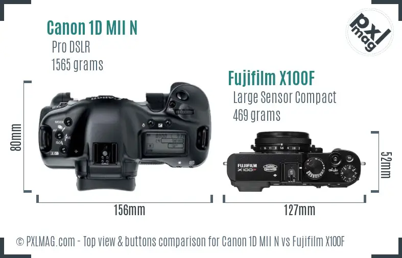 Canon 1D MII N vs Fujifilm X100F top view buttons comparison Canon 1D MII N vs Fujifilm X100F top view buttons comparison