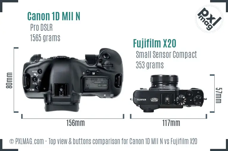Canon 1D MII N vs Fujifilm X20 top view buttons comparison