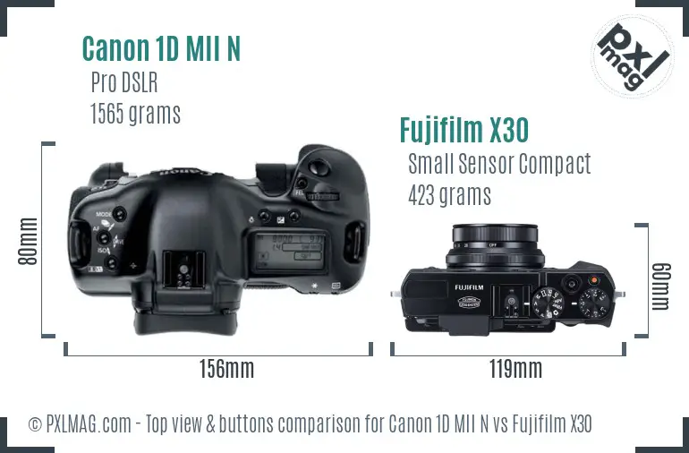Canon 1D MII N vs Fujifilm X30 top view buttons comparison