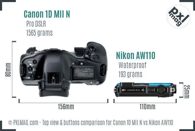 Canon 1D MII N vs Nikon AW110 top view buttons comparison Canon 1D MII N vs Nikon AW110 top view buttons comparison