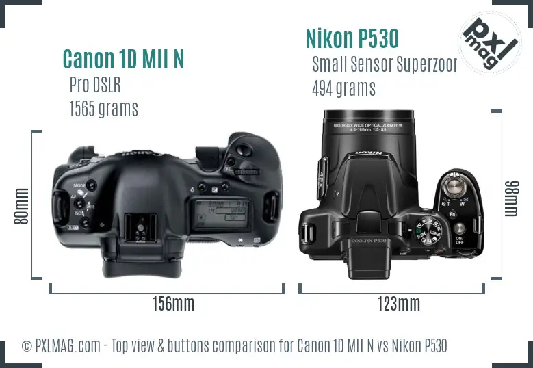 Canon 1D MII N vs Nikon P530 top view buttons comparison Canon 1D MII N vs Nikon P530 top view buttons comparison
