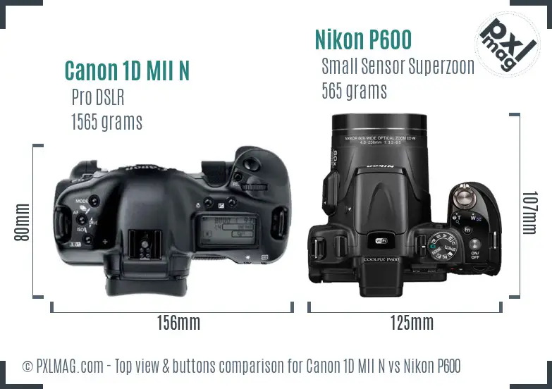 Canon 1D MII N vs Nikon P600 top view buttons comparison Canon 1D MII N vs Nikon P600 top view buttons comparison