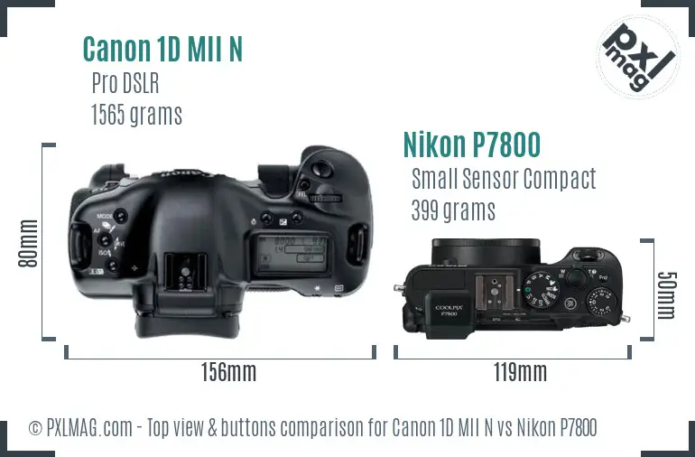 Canon 1D MII N vs Nikon P7800 top view buttons comparison Canon 1D MII N vs Nikon P7800 top view buttons comparison