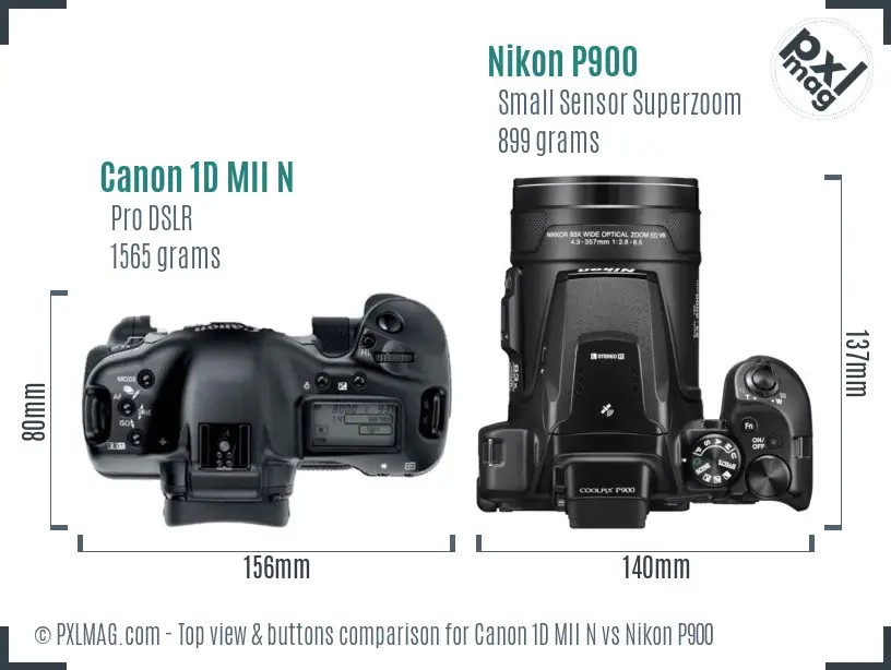 Canon 1D MII N vs Nikon P900 top view buttons comparison Canon 1D MII N vs Nikon P900 top view buttons comparison