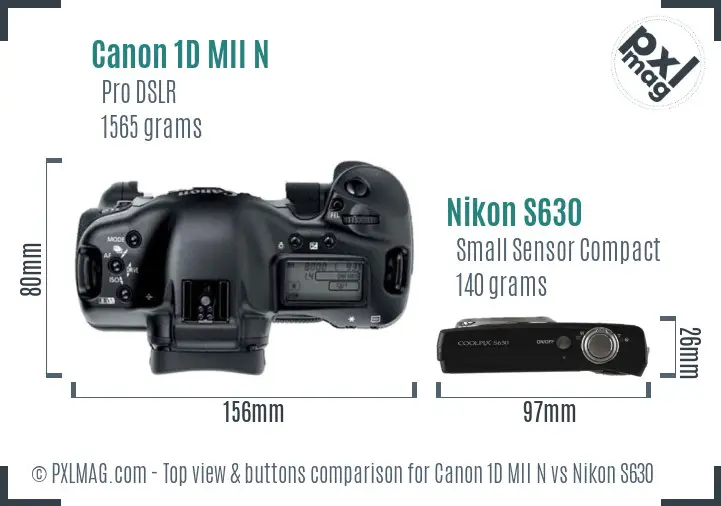 Canon 1D MII N vs Nikon S630 top view buttons comparison Canon 1D MII N vs Nikon S630 top view buttons comparison