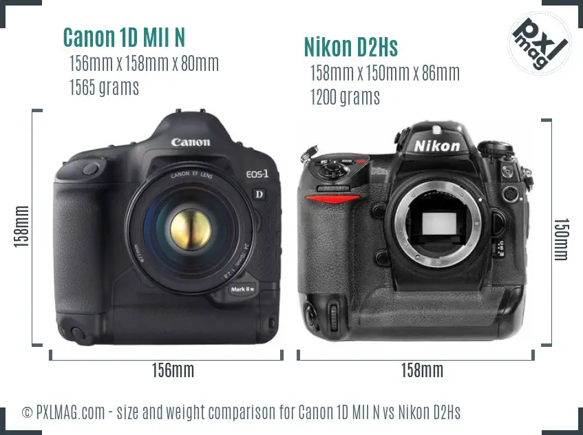 Canon 1D MII N vs Nikon D2Hs size comparison