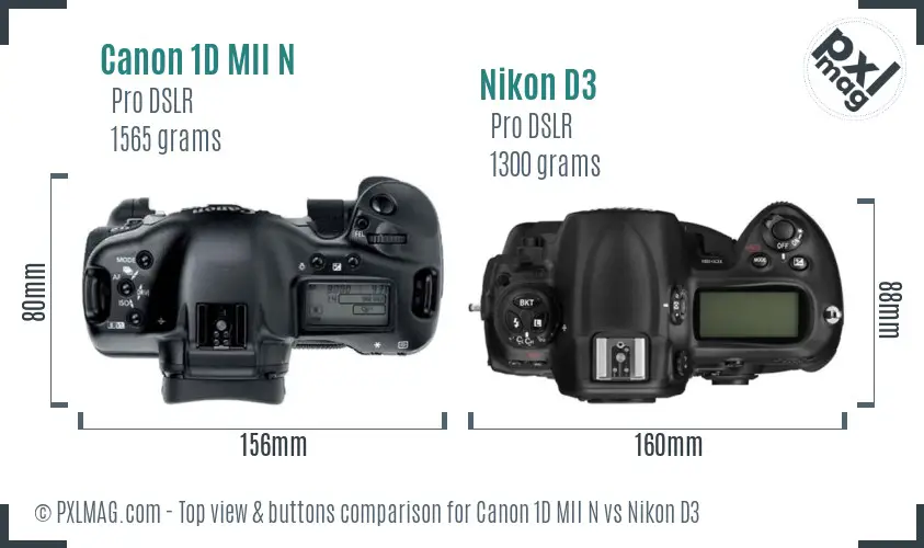 Canon 1D MII N vs Nikon D3 top view buttons comparison